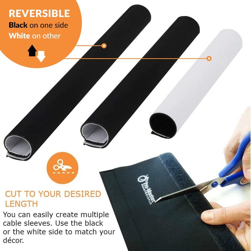 ProMaster Premium 63'' Cable Management Sleeve, Best Cords Organizer for TV On Wall, Desk, Computer, Office, Home - DIY Adjustable Reversible Black and White Neoprene Cord Hider Wire Cover Concealer Wrap - Image 2